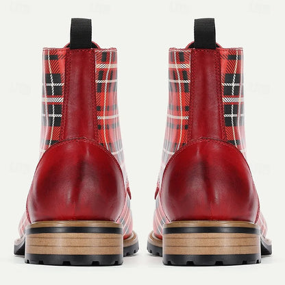 Men's Premium Cowhide Tartan Plaid Ankle Boots - Vintage Lace-Up Leather Boots with Rugged Sole for Casual and Formal Wear