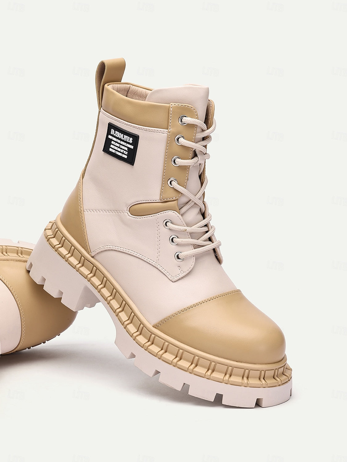 Women's Beige and Cream Chunky Combat Boots with Rugged Sole and Lace-Up Design - Streetwear and Outdoor Fashion