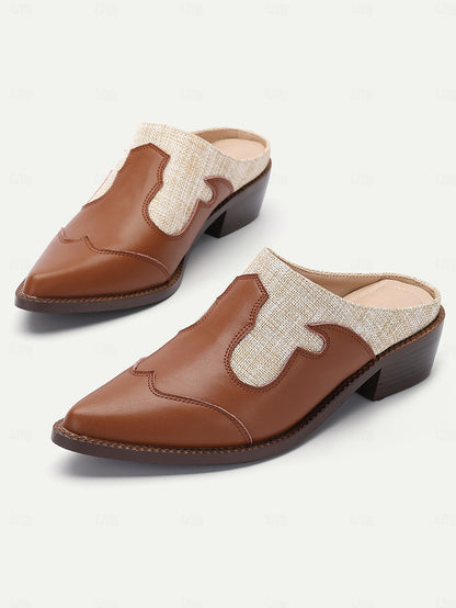 Women's Brown Slip-On Mules with Woven Accents and Western-Inspired Design, Comfortable Low Heels for Casual or Everyday Wear