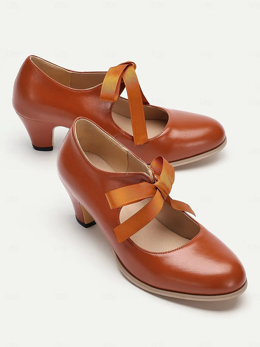 Women's Vintage Mary Jane Heels with Ribbon Bow - Retro-Inspired Block Heel Dress Shoes for Casual and Special Occasions