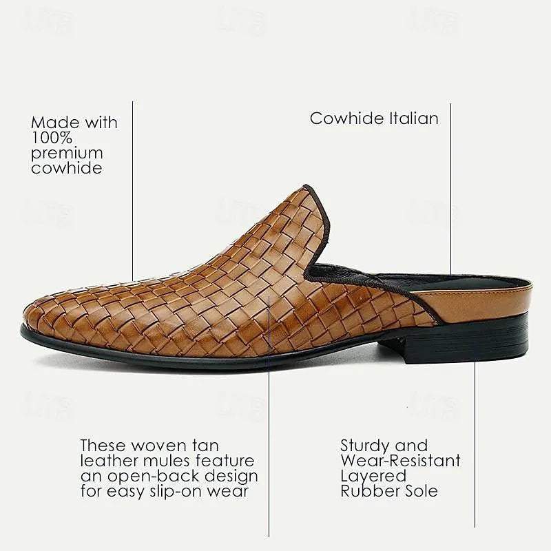 Men's Brown Woven Leather Mules Slip-On Roman Loafers - Tokiyos