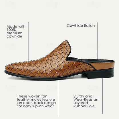 Men's Brown Woven Leather Mules Slip-On Roman Loafers - Tokiyos