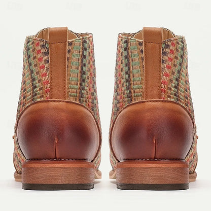 Men's Premium Woven Fabric and Leather Lace-Up Boots with Multicolor Pattern and Leather Toe Cap