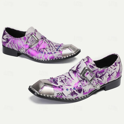 Men's Metallic Purple Printed Leather Shoes with Buckle and Spikes - Tokiyos