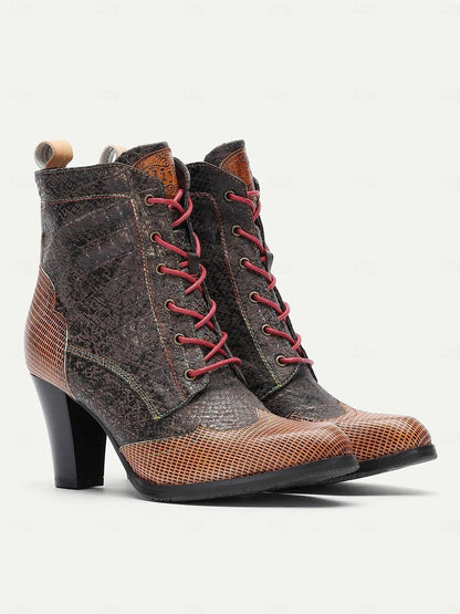 Vintage-Style Coffee Lace-Up Ankle Boots with Chunky Heels for Women