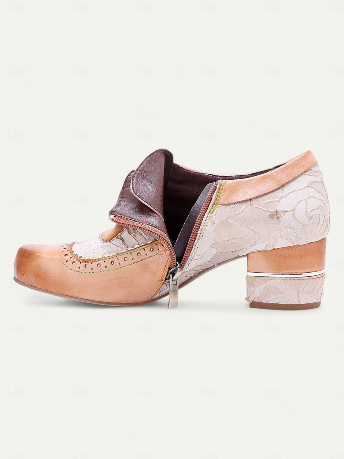 Women's Vintage Tan Oxford Shoes with Premium Leather, Brogue Detailing, Floral Embroidery, and Low Block Heel