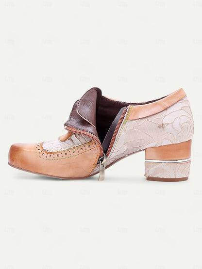 Women's Vintage Tan Oxford Shoes with Premium Leather, Brogue Detailing, Floral Embroidery, and Low Block Heel