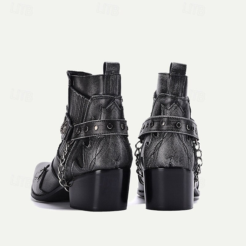 Men's Black Premium Cowhide Leather Motorcycle Boots with Western Style, Metal Studded Strap, and Chain Accent - Perfect for Biker and Cowboy-Inspired Fashion