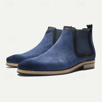 Men's Blue Suede Chelsea Boots - Premium Cowhide Leather, Classic Slip-On Ankle Boots