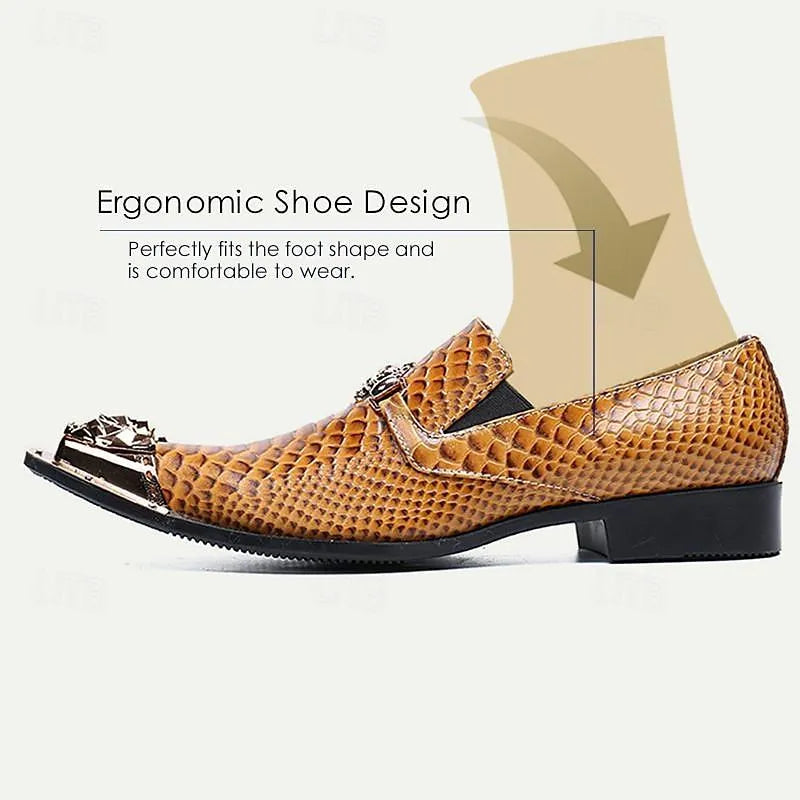 Men's Brown Snake Print Leather Dress Shoes with Metal Accents - Tokiyos