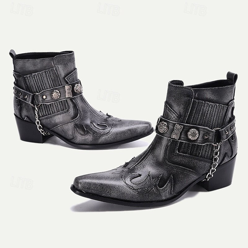 Men's Black Premium Cowhide Leather Motorcycle Boots with Western Style, Metal Studded Strap, and Chain Accent - Perfect for Biker and Cowboy-Inspired Fashion