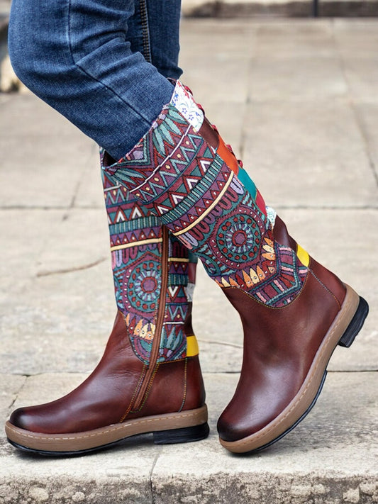 Women's Boho Premium Cowhide Leather Western Cowboy Boots with Ethnic Print - Vintage Style Casual Mid-Calf Riding Boots for Festival Outfits