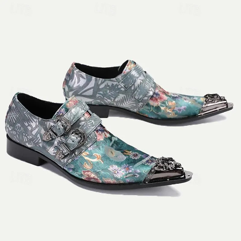 Men's Metallic Floral Dress Shoes with Double Buckles - Stylish Formal Footwear - Tokiyos