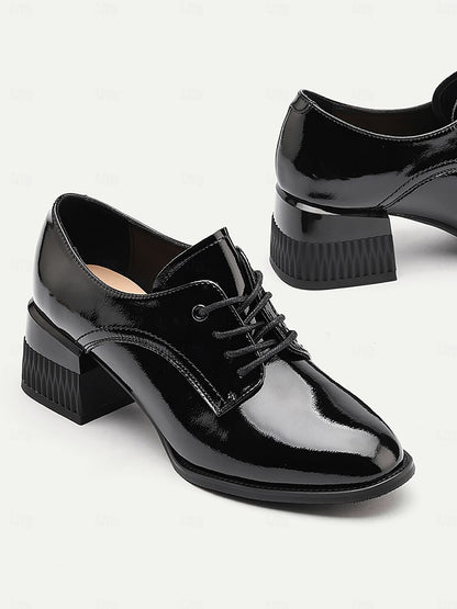 Women's Black Patent Leather Oxford Shoes – Premium Cowhide Formal Lace-Up Shoes for Weddings, Business, and Special Occasions