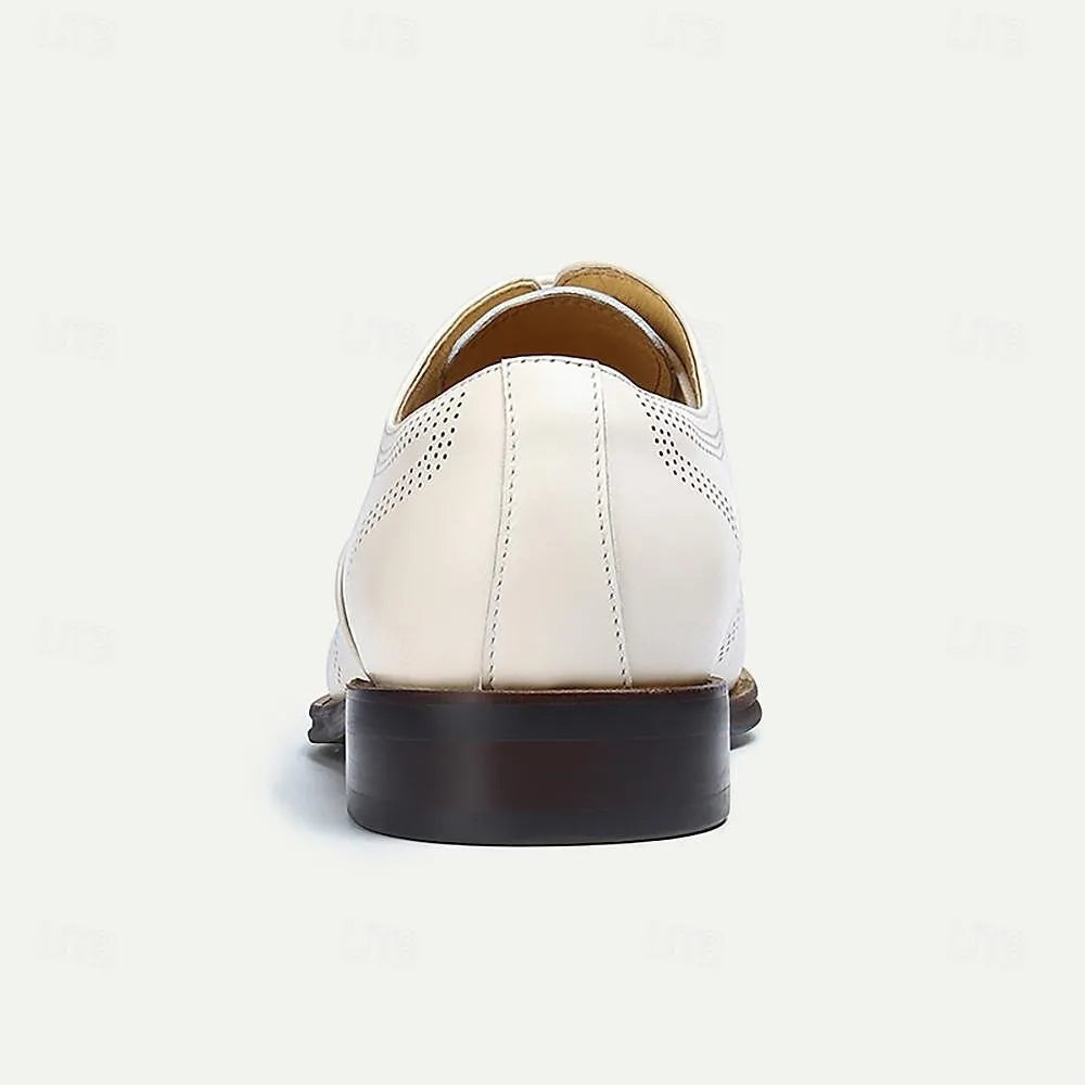 Men's White Leather Oxford Shoes with Perforation - Tokiyos