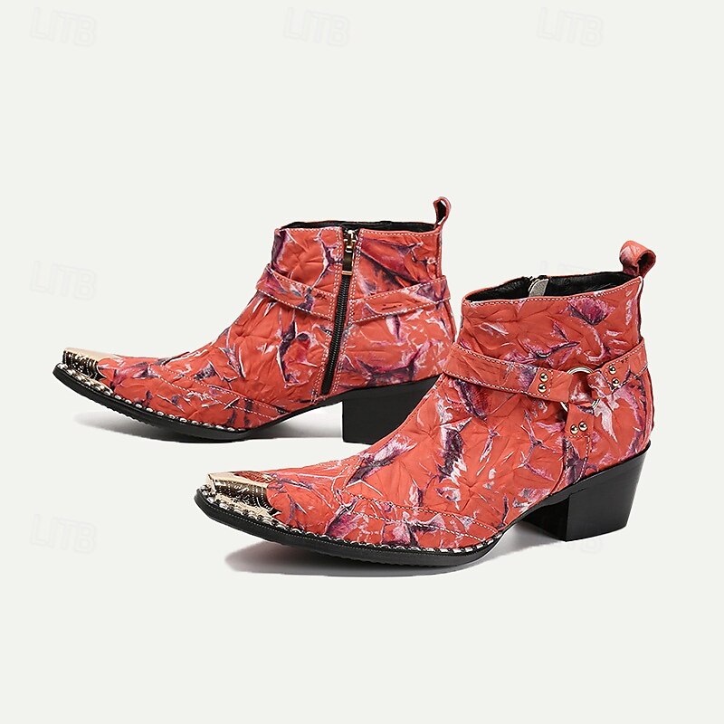 Men's Premium Cowhide Motorcycle Boots with Floral Design and Metal Toe Cap - Western Ankle Boots for Riding and Casual Wear