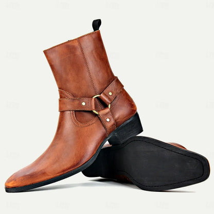 Men's Handmade Goodyear Welted Leather Ankle Boots with Harness Strap and Side Zipper