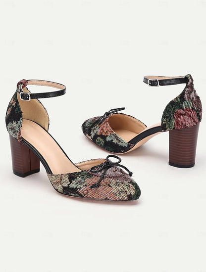 Women's Floral Jacquard Ankle Strap Heels with Block Heel and Bow Detail