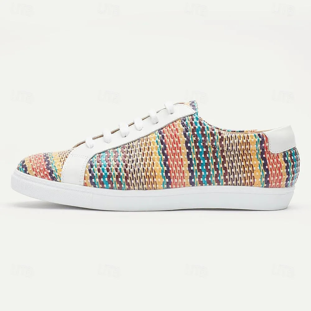 Men's Multicolor Woven Sneakers - Breathable White Lace-Up Casual Shoes