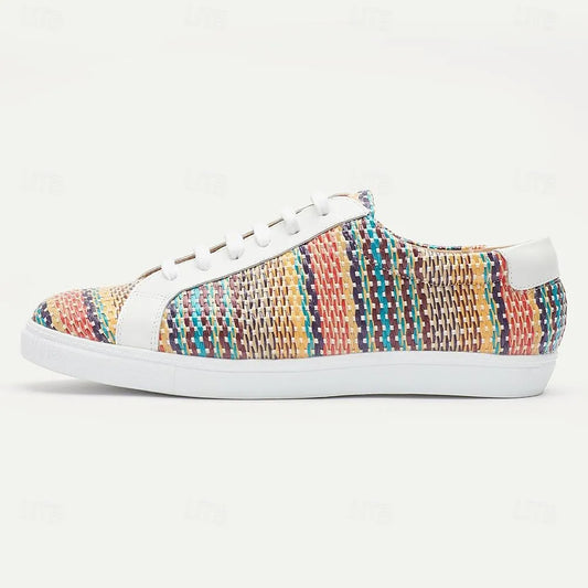 Men's Multicolor Woven Sneakers - Breathable White Lace-Up Casual Shoes