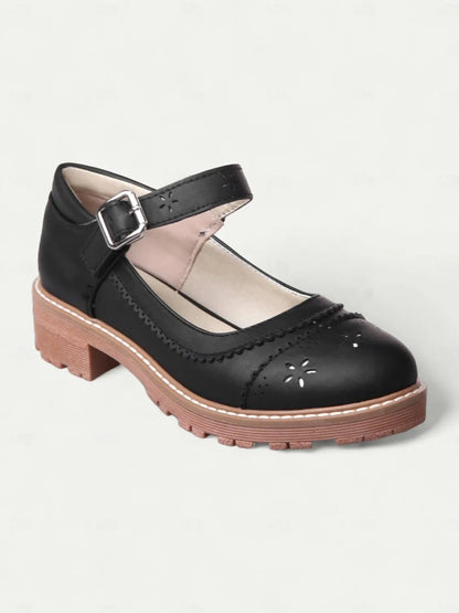 Women's Black Mary Jane Chunky Heel Shoes with Floral Cut-Outs and Adjustable Buckle Strap