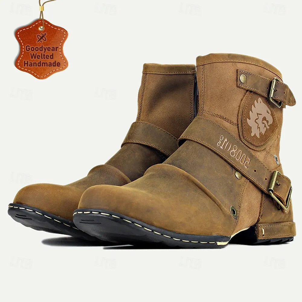 Men's Brown Leather Motorcycle Boots with Buckle Straps and Reinforced Toe - Rugged Biker Boots for Riding and Outdoor Adventures