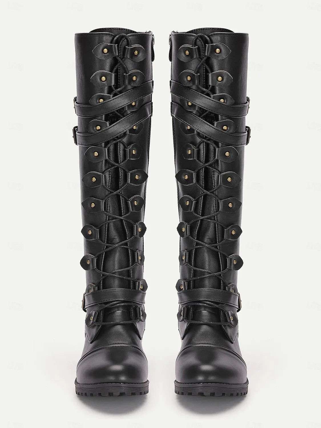 Women's Black Faux Leather Knee-High Combat Boots with Buckle Straps and Lace-Up Design