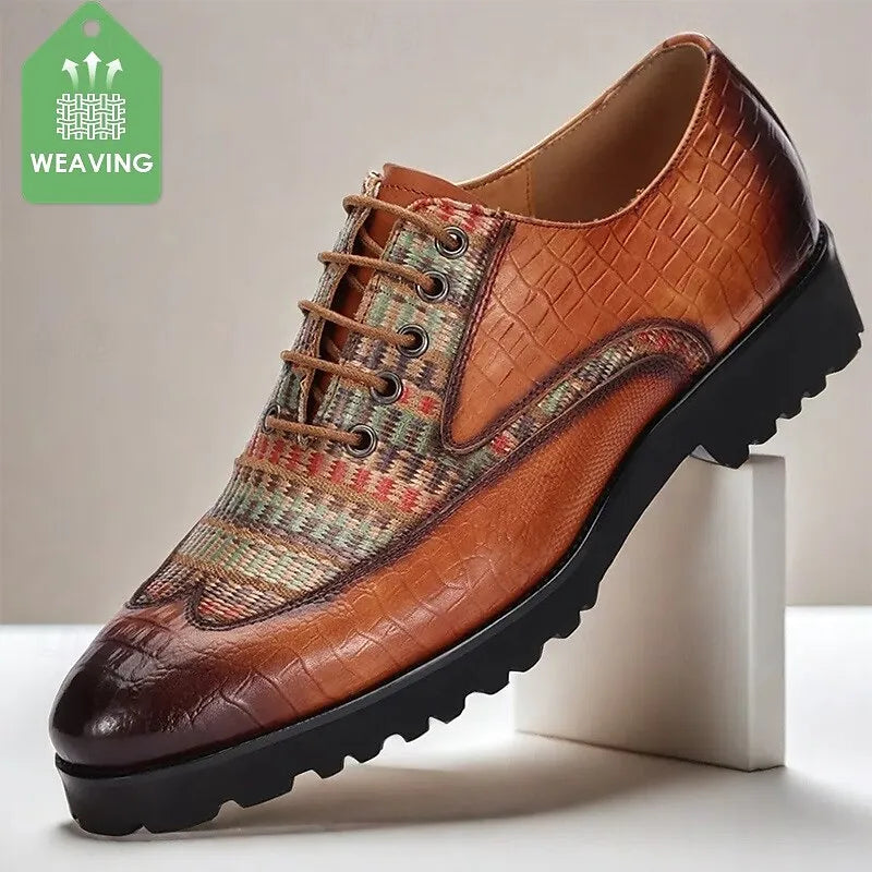 Men's Leather and Woven Pattern Oxford Shoes - Vintage Style with Crocodile Embossed Accents for Fashion-Forward Wear