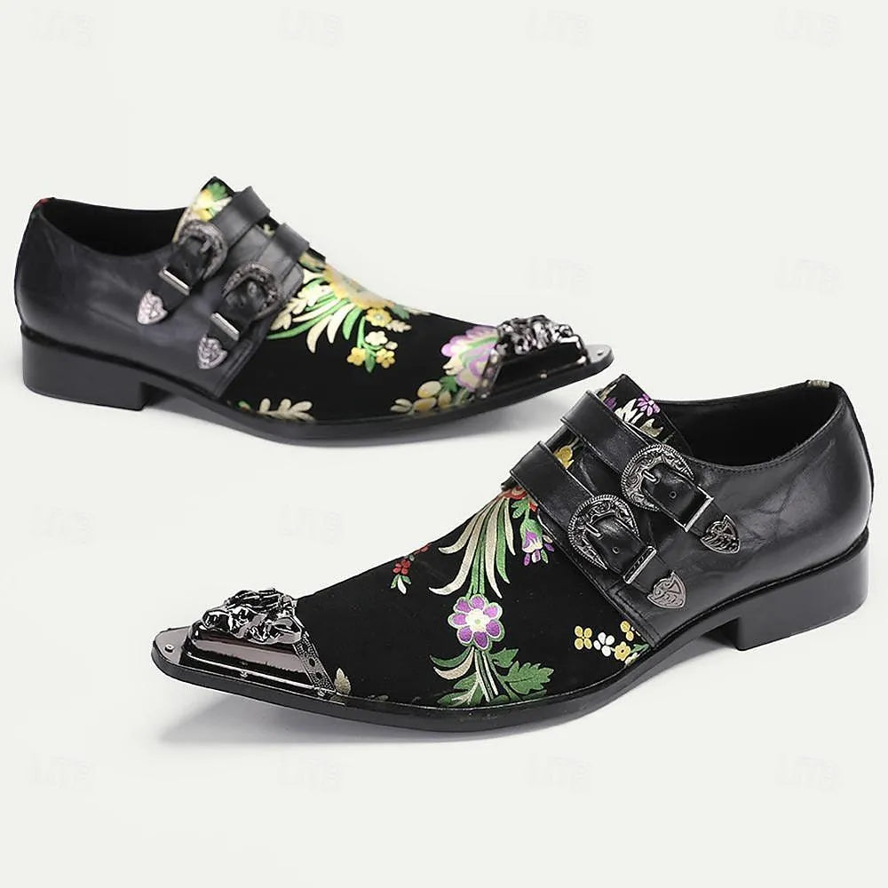 Men's Black Leather Dress Shoes with Floral Embroidery and Metal Buckles - Elegant Formal Footwear - Tokiyos