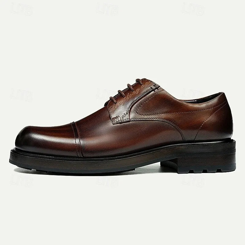 Men's Brown Leather Cap-Toe Oxford Shoes, Classic Dress Shoes with Subtle Engraved Details for Business and Formal Wear