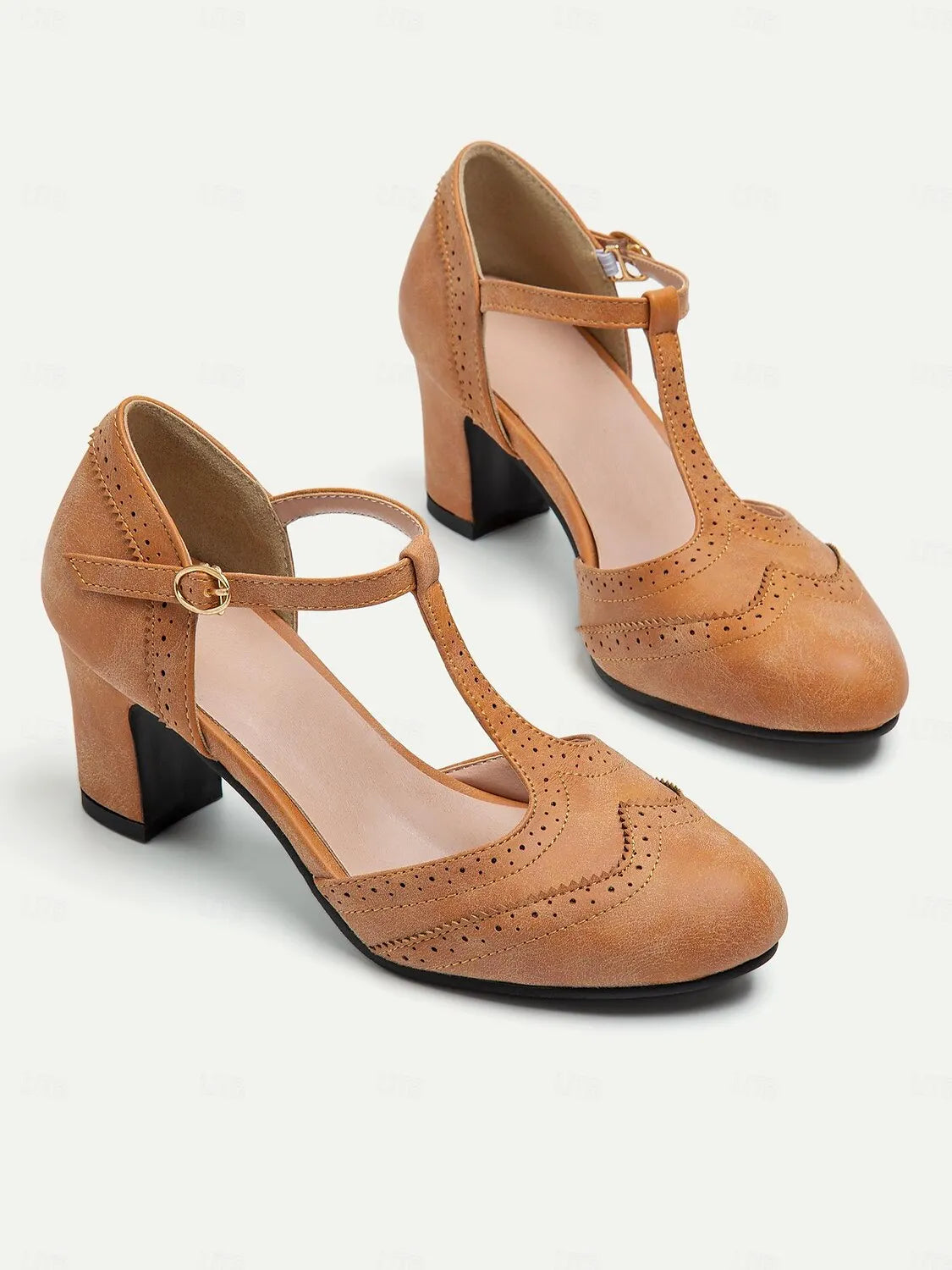 Women's Vintage Tan T-Strap Mary Jane Pumps with Brogue Detailing and Block Heel - Retro Dress Shoes for All Occasions