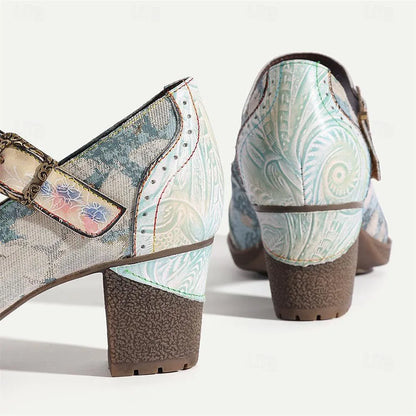 Women's Pastel Print Buckle Strap Chunky Heel Pumps - Tokiyos