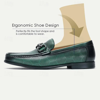 Men's Loafers Perforated Green Leather Silver Horsebit - Tokiyos