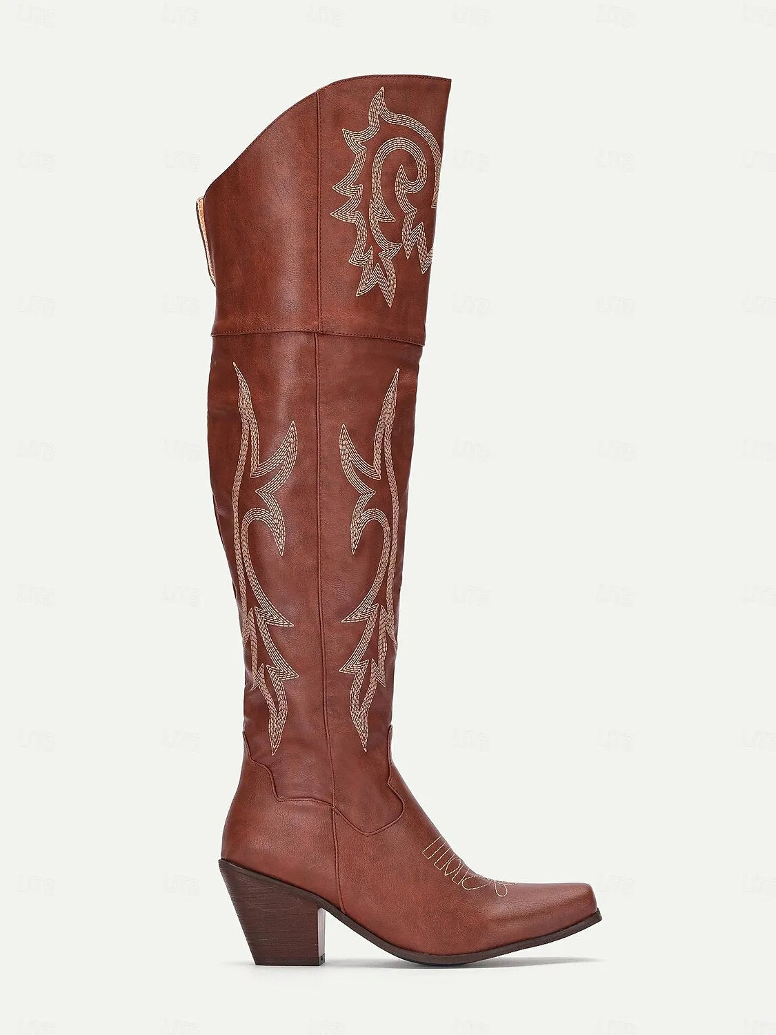 Women's Brown Western Over-the-Knee Cowboy Boots with Intricate Embroidery and Block Heel