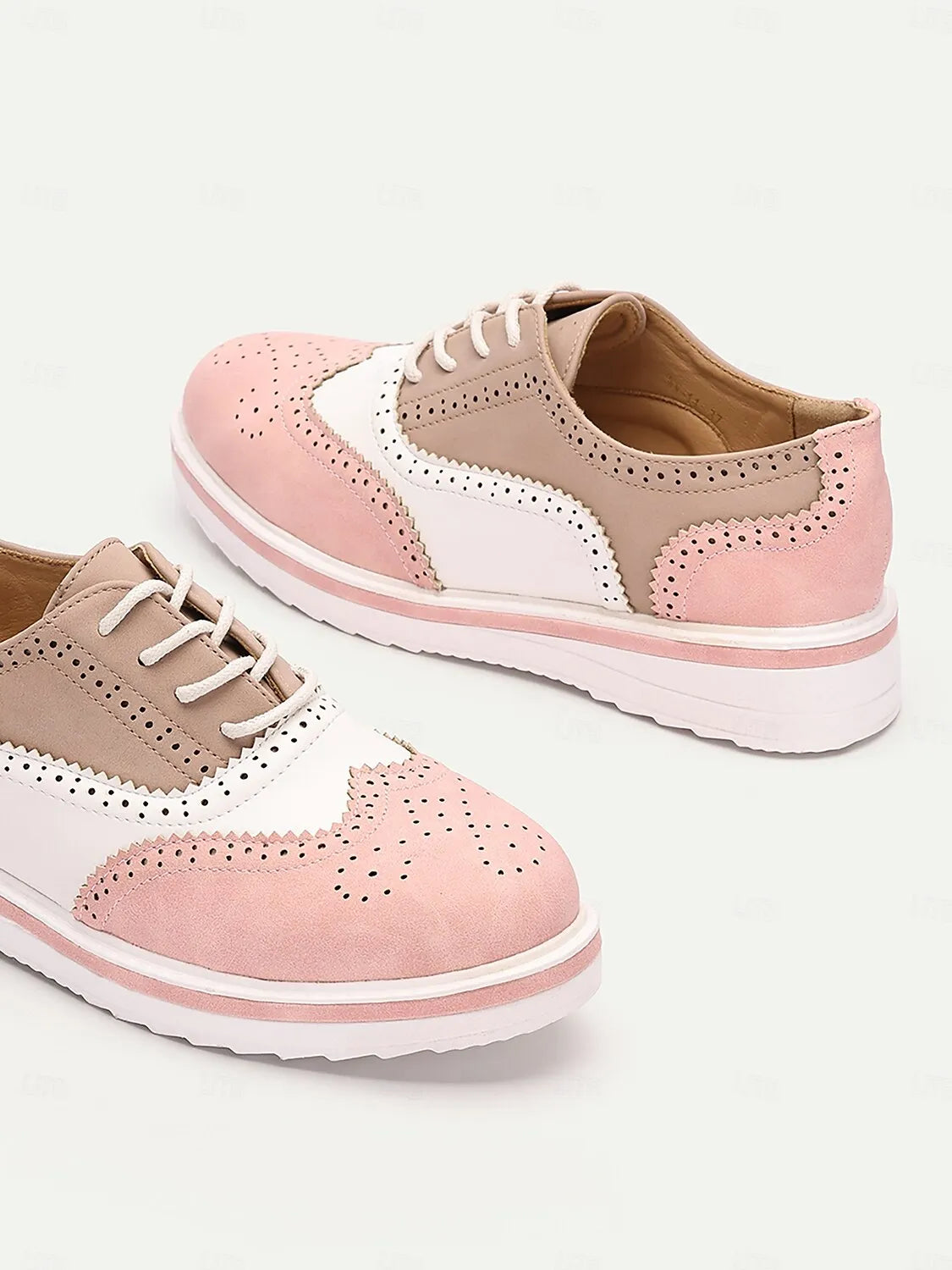 Women's Pink and Beige Brogue Oxford Sneakers, Lace-Up Casual Shoes with Wingtip Detailing for Everyday Wear