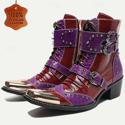 Men's Premium Cowhide Studded Motorcycle Boots - Bold Red and Purple Design with Buckles and Metallic Toe Cap