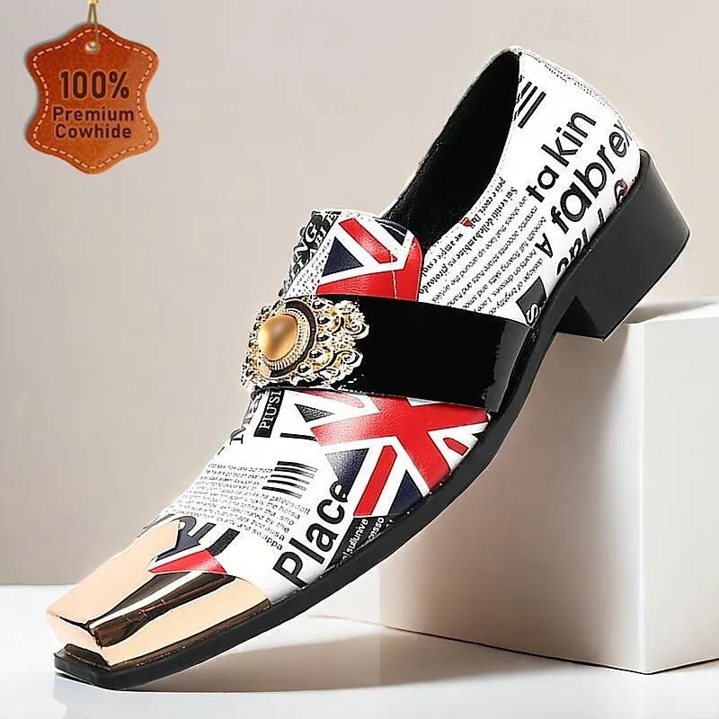 Men's Fashion Loafers with British Flag Design and Gold Crown Buckle - Tokiyos