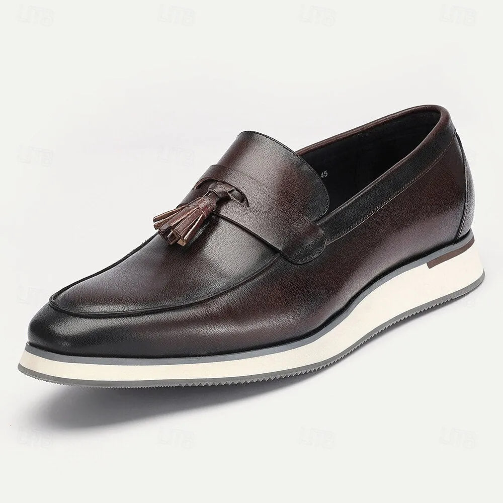 Men's Brown Premium Cowhide Tassel Loafers with White Sole - Comfortable & Stylish Footwear