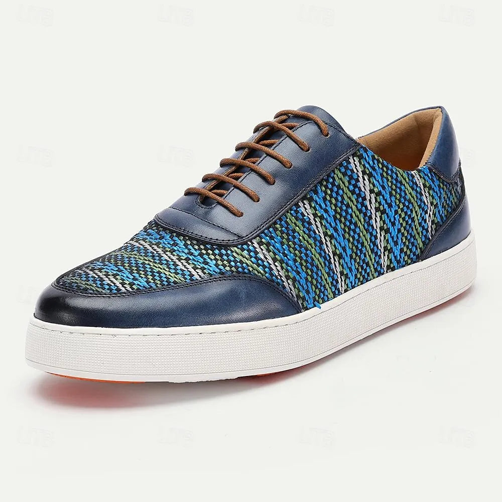 Men's Blue and Green Woven Leather Sneakers - Breathable Pattern Lace-Up Casual Shoes