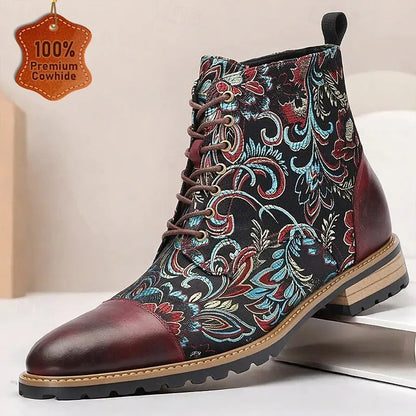 Men's Premium Leather Floral Oxford Boots Bohemian Lace-Up Ankle Boots