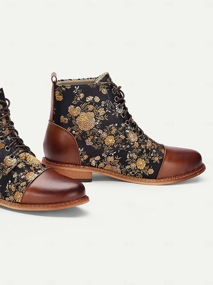 Women's Floral Print Lace-Up Ankle Boots – Retro Faux Leather and Jacquard Fabric Boots for Fall and Winter Casual Wear