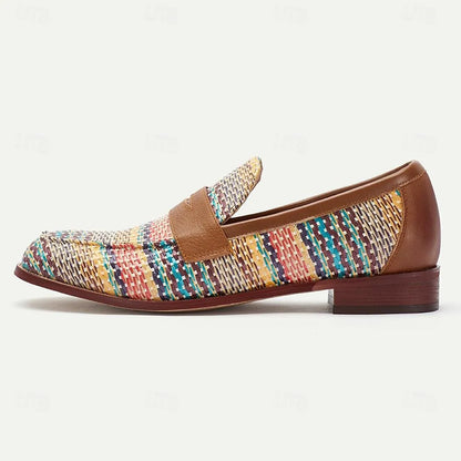 Men's Multicolor Woven Loafers - Breathable Brown Slip-On Casual Shoes