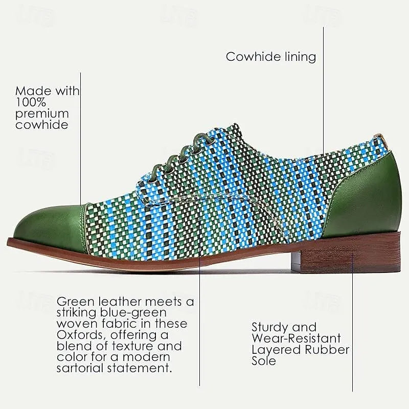 Men's Dress Shoes Green Blue Woven Fabric Lace-up Design - Tokiyos