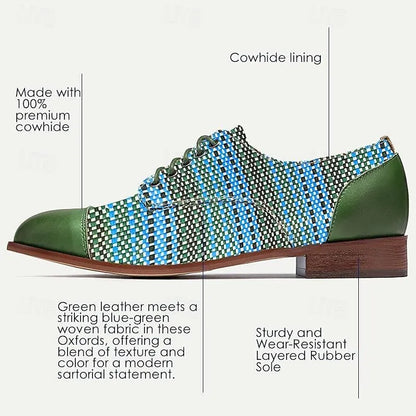 Men's Dress Shoes Green Blue Woven Fabric Lace-up Design - Tokiyos