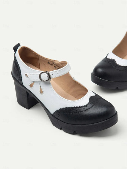 Women's Vintage Black and White Mary Jane Chunky Heel Shoes - Retro Brogue Style for Office and Casual Wear