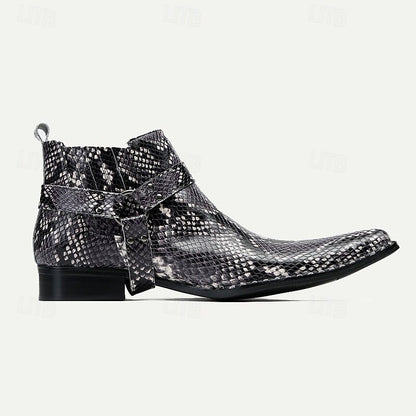 Men's Premium Cowhide Leather Ankle Boots with Snakeskin Pattern