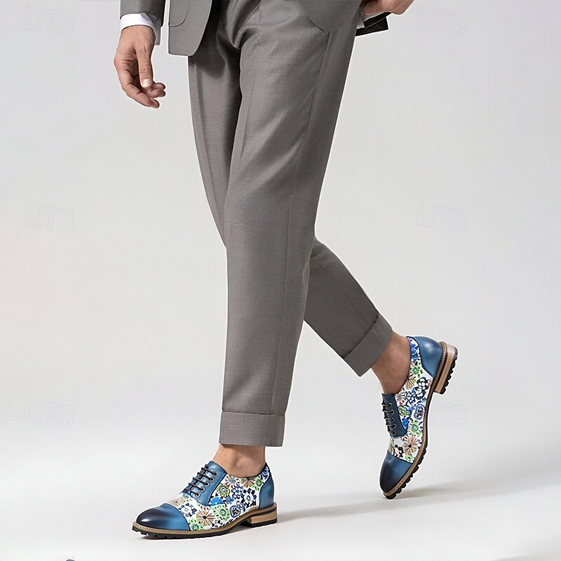 Men's Vintage-Inspired Floral Print Leather Oxfords - Stylish and Comfortable