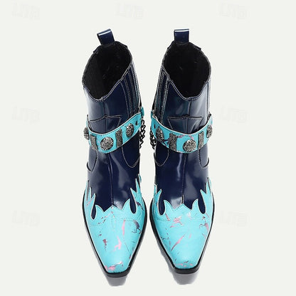 Men's Blue and Turquoise Leather Motorcycle Boots