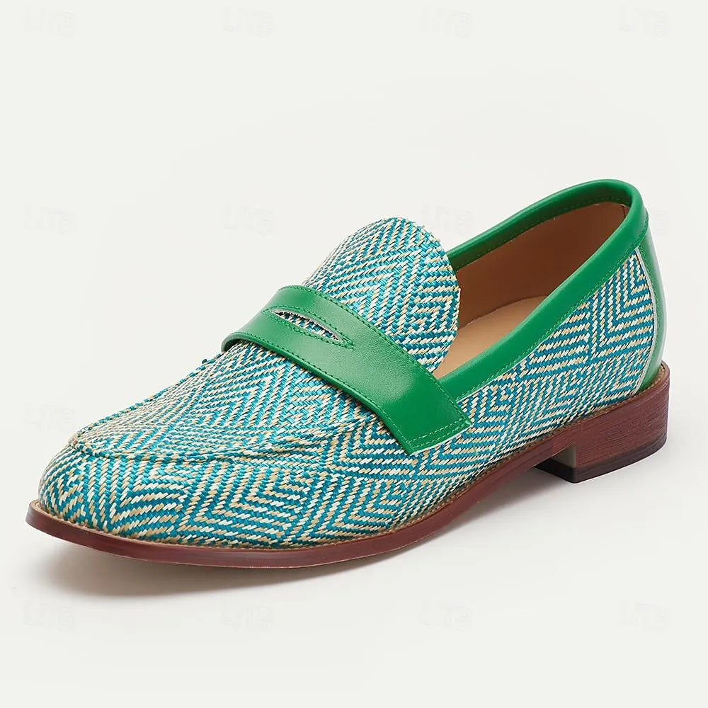 Men's Green Woven Loafers - Breathable Patterned Slip-On Casual Shoes