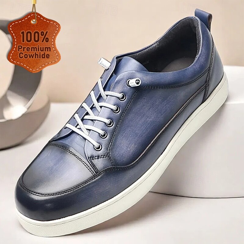 Men's Premium Cowhide Leather Casual Sneakers with Lace-Up Design and White Sole